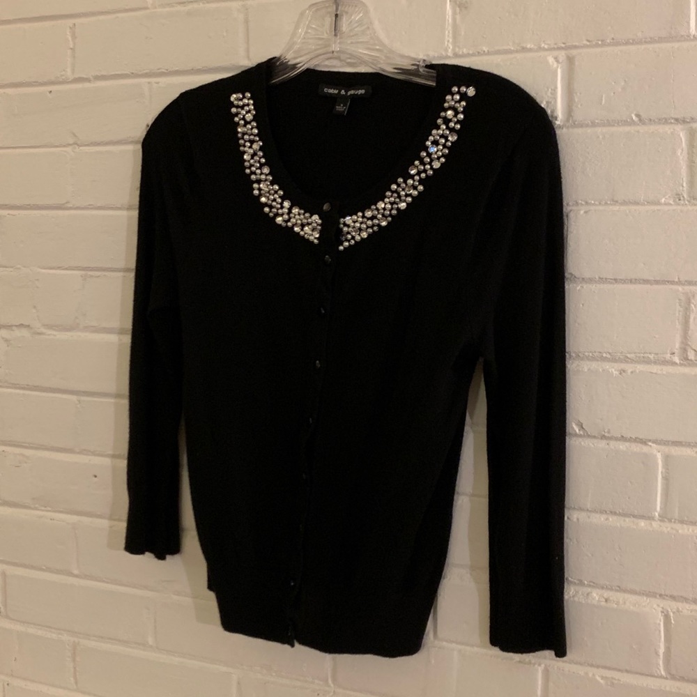 NWOT black 3/4 sleeve cardigan with jeweled collar